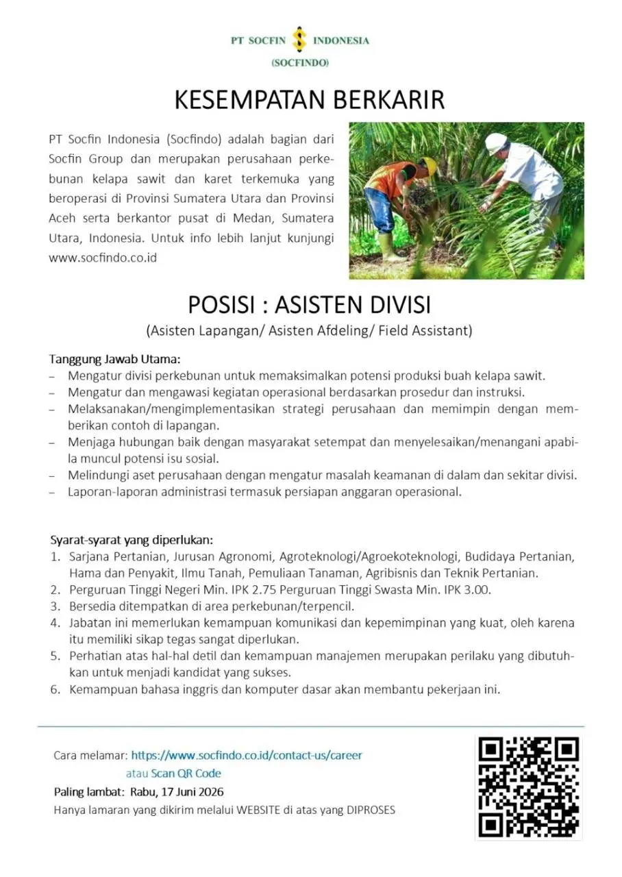 Job Vacancy at PT Socfin Indonesia (SOCFINDO): Field Assistant Position 2026